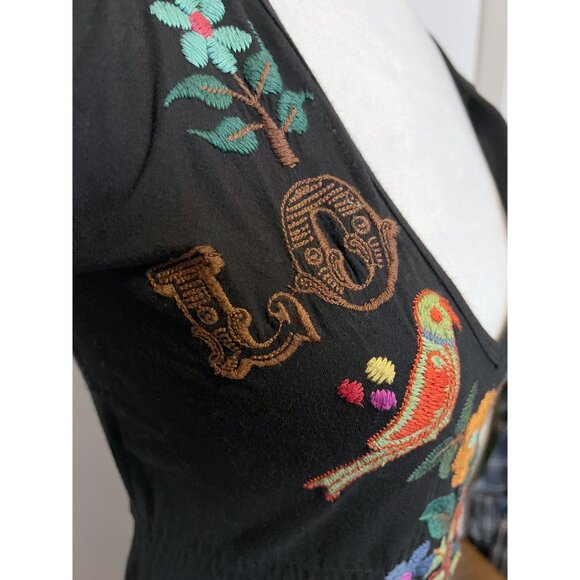 Johnny Was LA JWLA Black Knit Dress with Floral Embroidered LOVE Birds - Picture 5 of 10